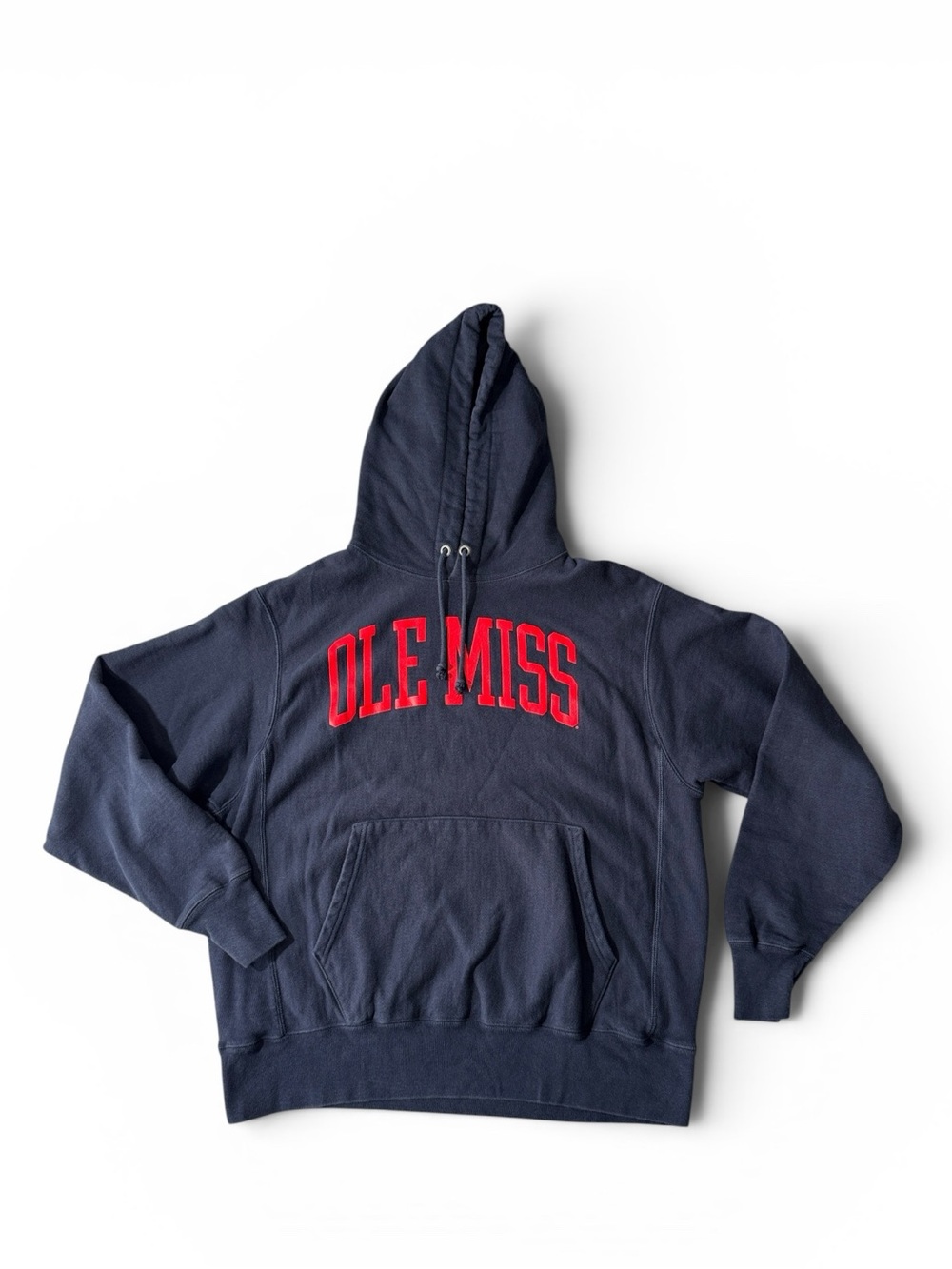 Champion mens L Large Ole Miss blue fleece reverse weave pullover hoodie EUC